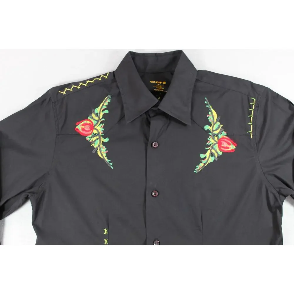 Czer' Black Embroidered Floral Button Up Shirt Men's Medium Long Sleeve